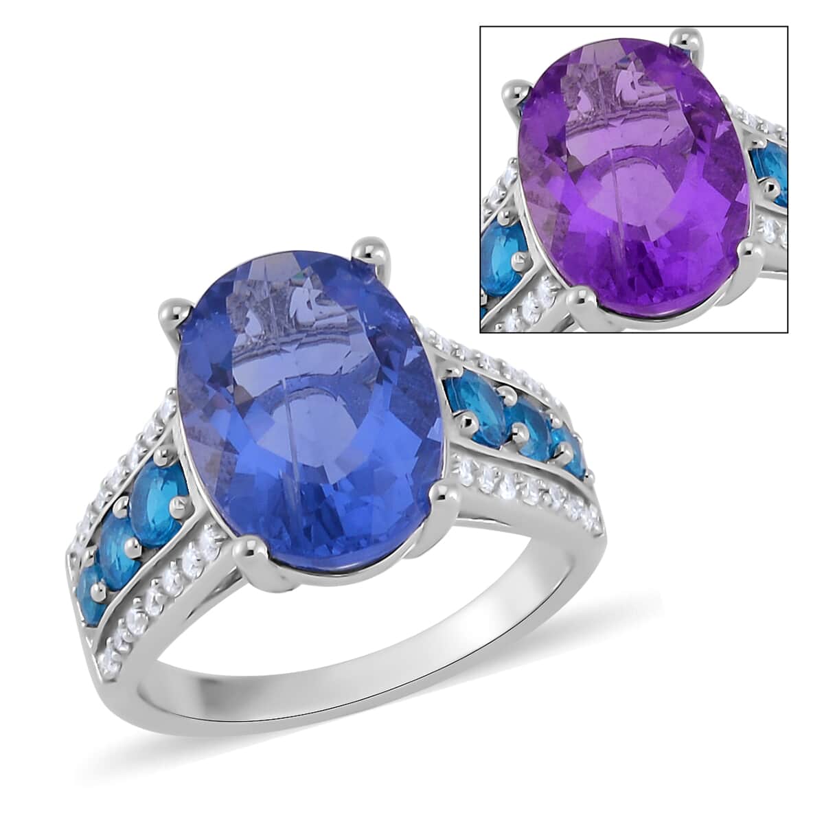 Color Change Fluorite (IR) and Multi Gemstone Ring in Rhodium Over Sterling Silver (Size 7.0) 8.30 ctw image number 0