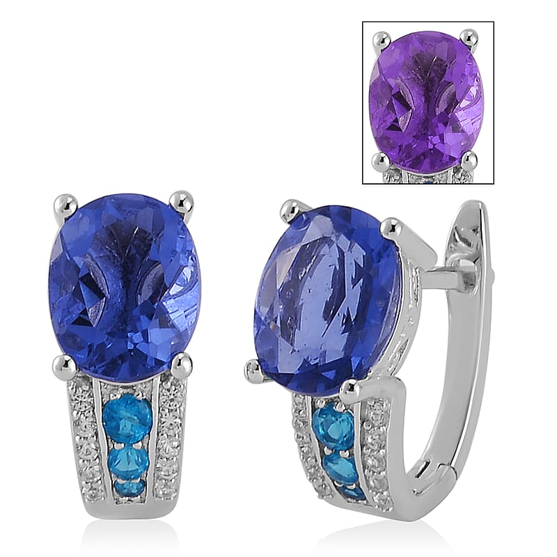 Color Change Fluorite (IR) and Multi Gemstone Huggie Hoop Earrings in Rhodium Over Sterling Silver 6.75 ctw