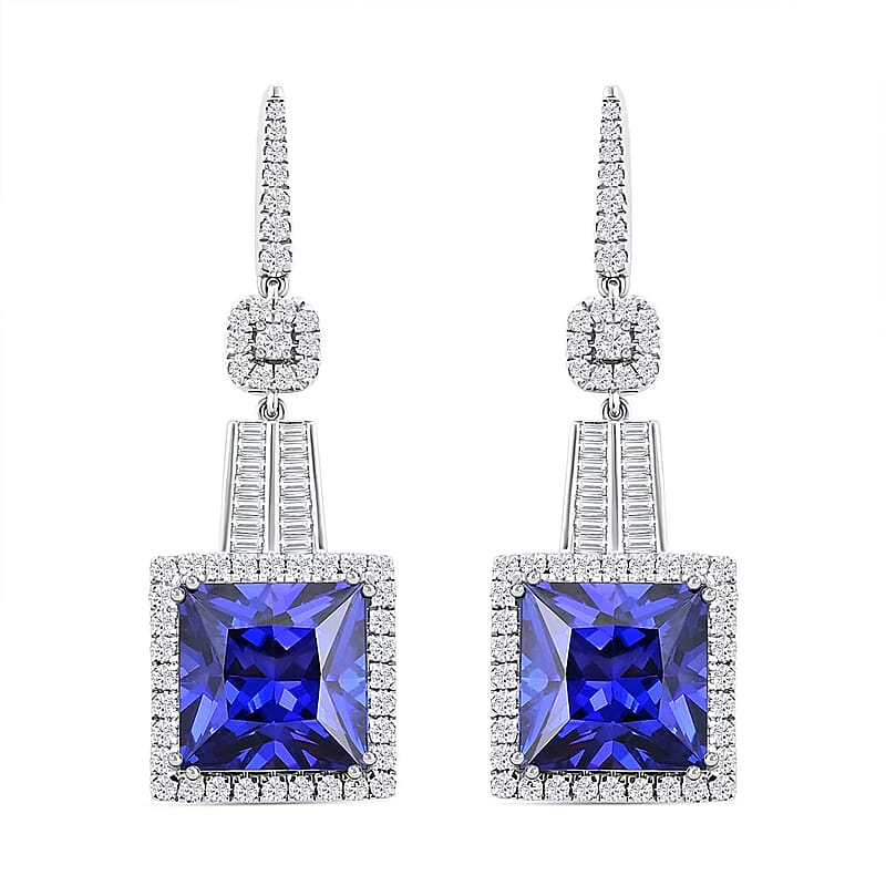 Chairman Vault Collection Certified & Appraised Rhapsody 950 Platinum Princess Cut AAAA Tanzanite and E-F VS Diamond Dangle Earrings 20.80 Grams 24.05 ctw