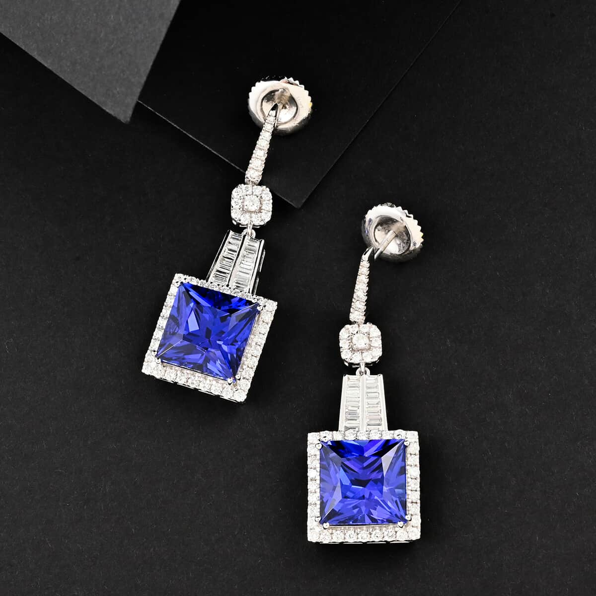 Chairman Vault Collection Certified & Appraised Rhapsody 950 Platinum Princess Cut AAAA Tanzanite and E-F VS Diamond Dangle Earrings 20.80 Grams 24.05 ctw image number 1