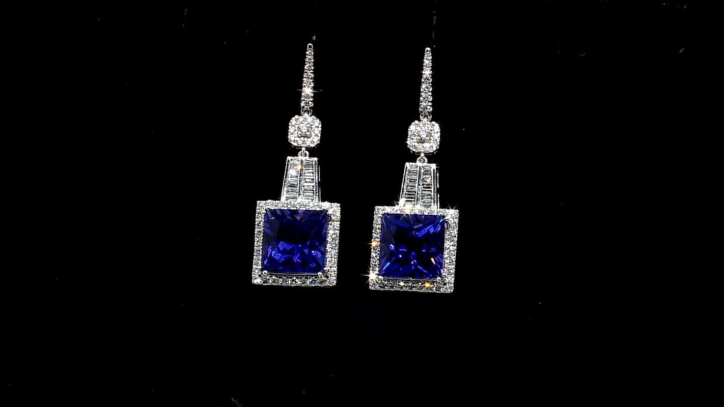 Chairman Vault Collection Certified & Appraised Rhapsody 950 Platinum Princess Cut AAAA Tanzanite and E-F VS Diamond Dangle Earrings 20.80 Grams 24.05 ctw