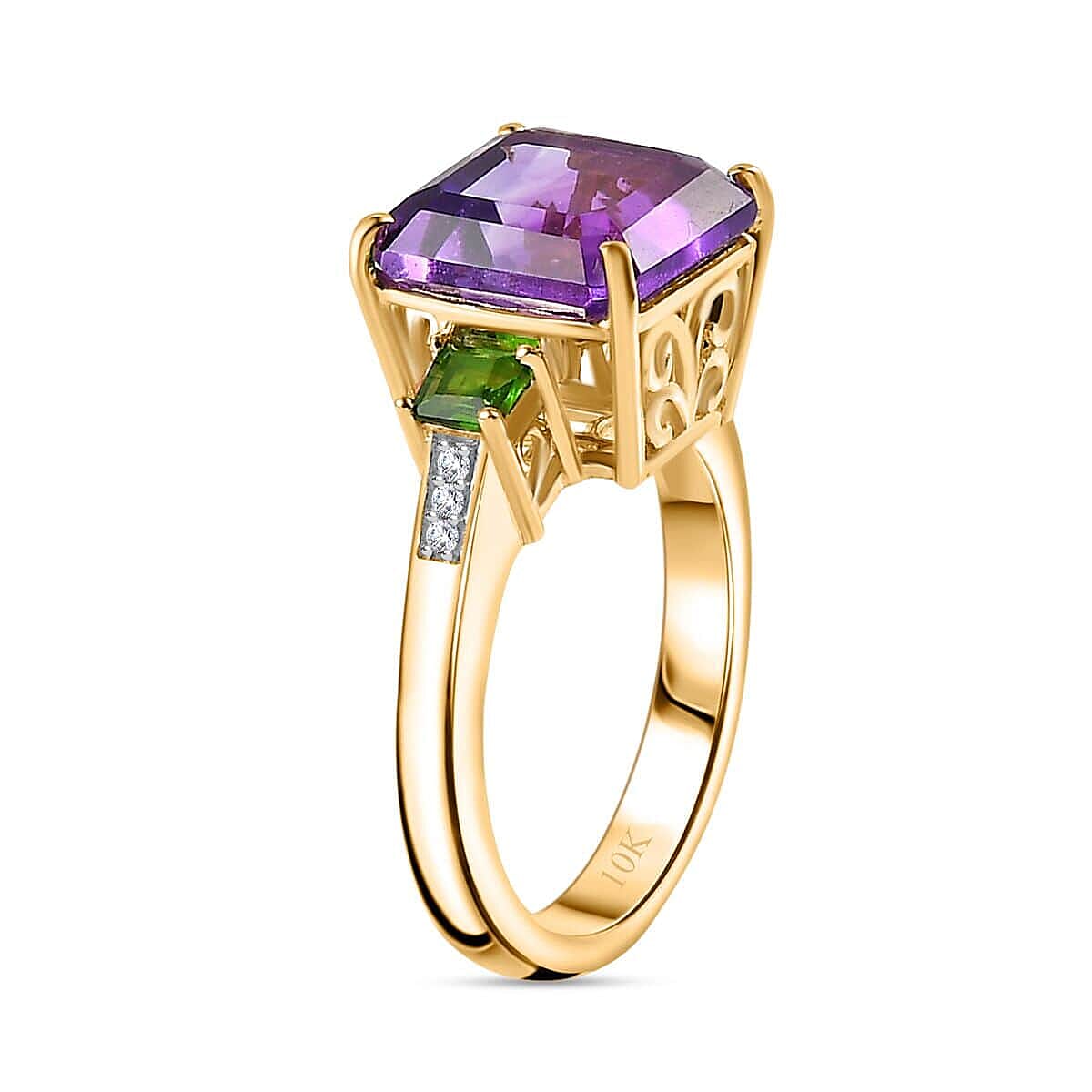 Luxoro 10K Yellow Gold Premium Moroccan Amethyst, Chrome Diopside and G-H I2 Diamond Accent Ring (Size 10.0) 4.15 Grams 4.90 ctw