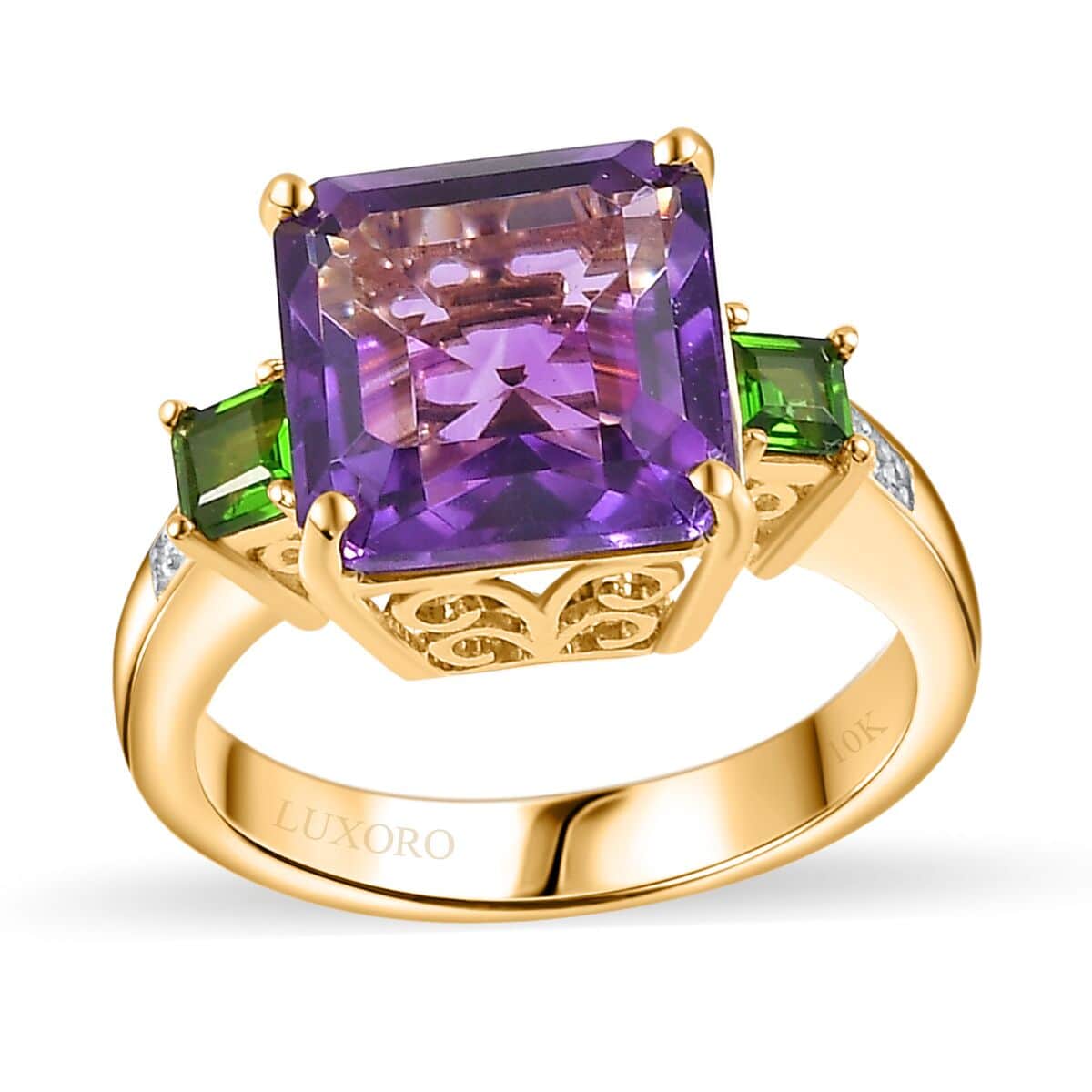Luxoro 10K Yellow Gold Premium Moroccan Amethyst, Chrome Diopside and G-H I2 Diamond Accent Ring (Size 6.0) 4.15 Grams 4.90 ctw image number 0