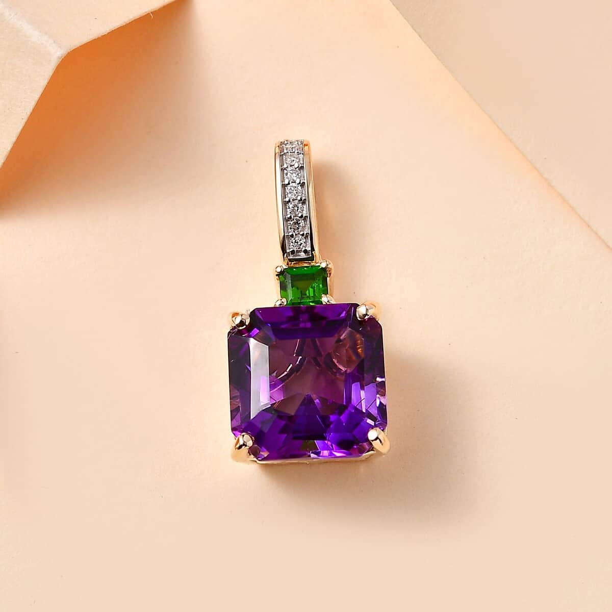 Luxoro 10K Yellow Gold Premium Moroccan Amethyst, Chrome Diopside and G-H I2 Diamond Accent Pendant 4.75 ctw image number 1