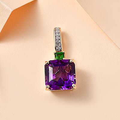 Luxoro 10K Yellow Gold Premium Moroccan Amethyst, Chrome Diopside and G-H I2 Diamond Accent Pendant without Chain 4.75 ctw