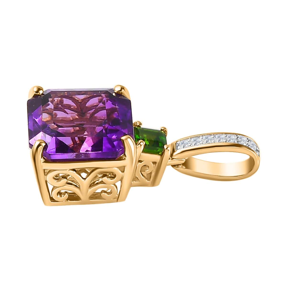 Luxoro 10K Yellow Gold Premium Moroccan Amethyst, Chrome Diopside and G-H I2 Diamond Accent Pendant 4.75 ctw image number 3