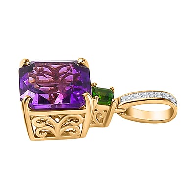 Luxoro 10K Yellow Gold Premium Moroccan Amethyst, Chrome Diopside and G-H I2 Diamond Accent Pendant without Chain 4.75 ctw