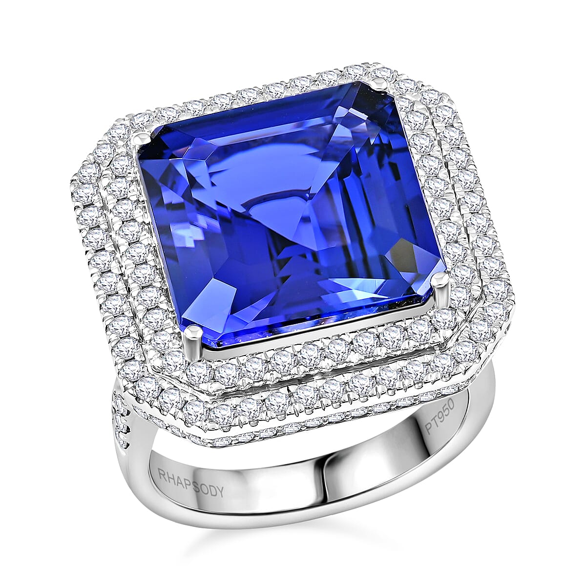 Chairman Vault Collection Certified & Appraised Rhapsody 950 Platinum AAAA Tanzanite and E-F VS Diamond Double Halo Ring (Size 7.0) 14.18 Grams 14.65 ctw