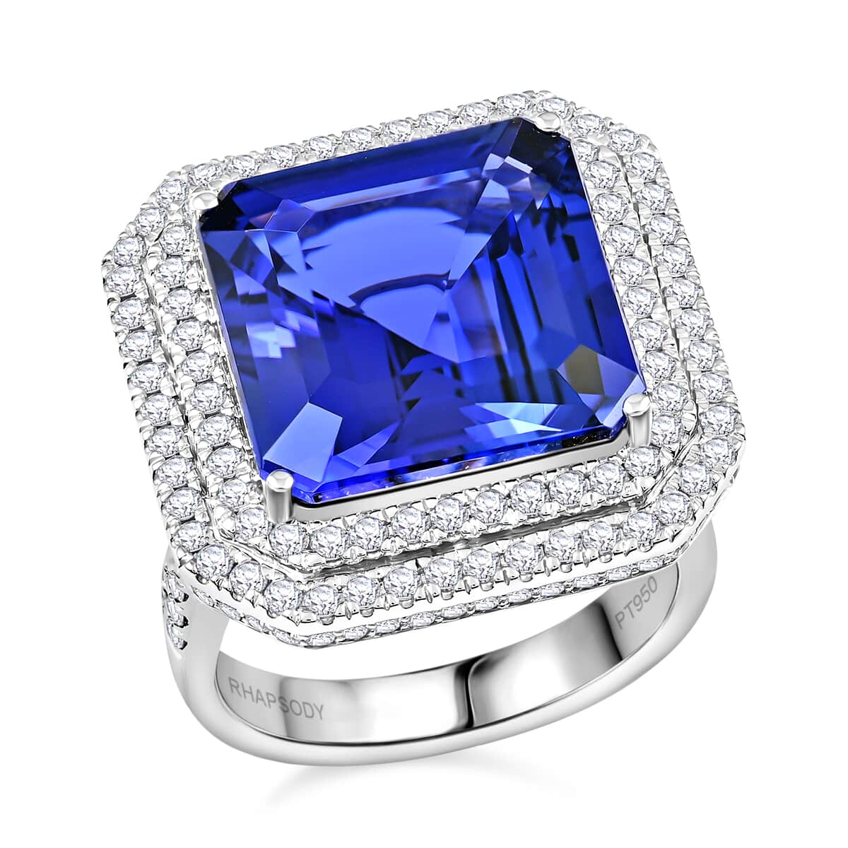 Chairman Vault Collection Certified & Appraised Rhapsody 950 Platinum AAAA Tanzanite and E-F VS Diamond Double Halo Ring (Size 7.0) 14.18 Grams 14.65 ctw image number 0