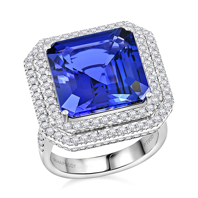 Chairman Vault Collection Certified & Appraised Rhapsody 950 Platinum AAAA Tanzanite and E-F VS Diamond Double Halo Ring (Size 7.0) 14.18 Grams 14.65 ctw