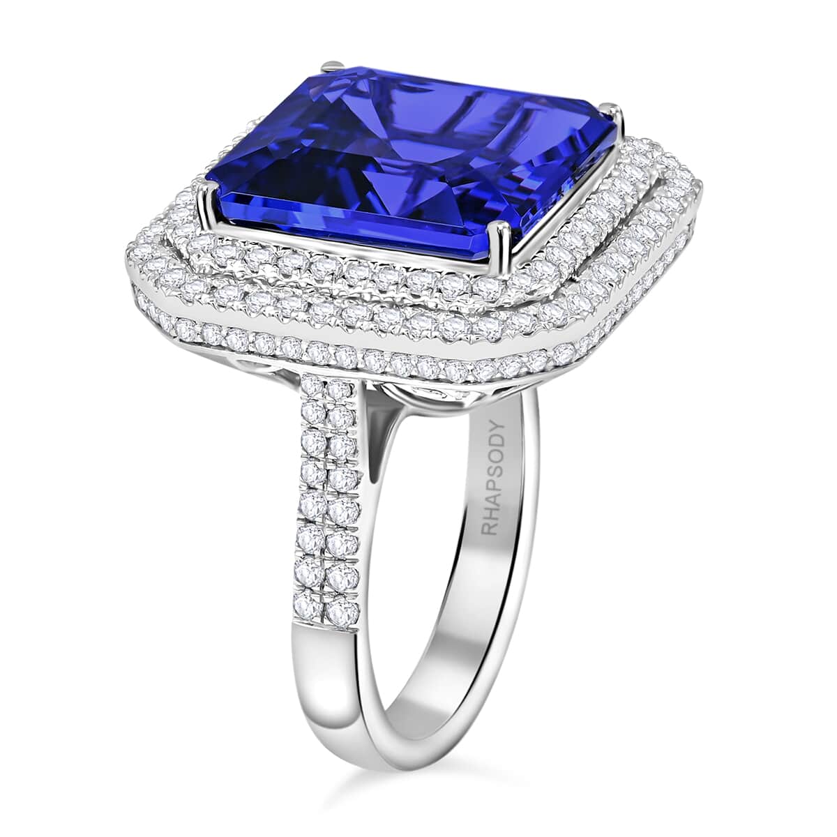 Chairman Vault Collection Certified & Appraised Rhapsody 950 Platinum AAAA Tanzanite and E-F VS Diamond Double Halo Ring (Size 7.0) 14.18 Grams 14.65 ctw image number 2