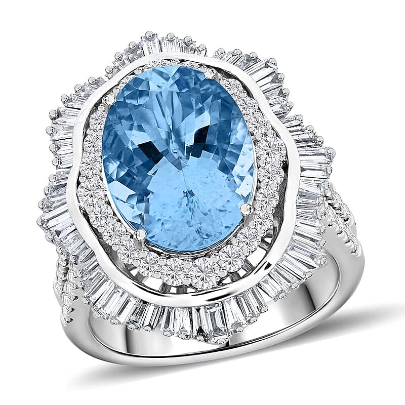 Chairman Vault Collection Certified & Appraised Rhapsody 950 Platinum AAAA Santa Maria Aquamarine and E-F VS Diamond Ring (Size 7.0) 14.78 Grams 7.10 ctw