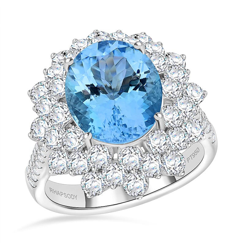 Chairman Vault Collection Certified & Appraised Rhapsody 950 Platinum AAAA Santa Maria Aquamarine and E-F VS Diamond Floral Ring (Size 7.0) 12.58 Grams 6.75 ctw