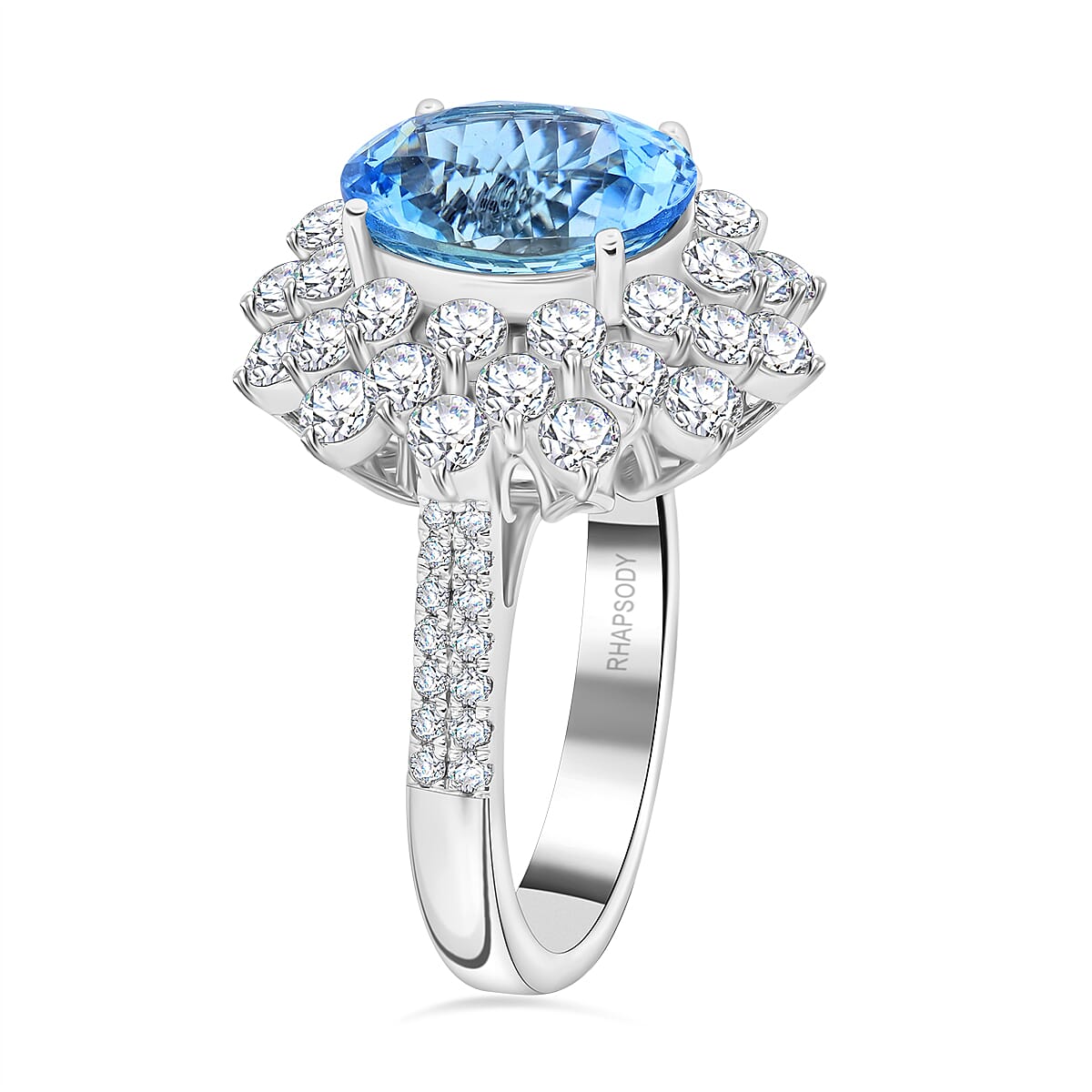 Chairman Vault Collection Certified & Appraised Rhapsody 950 Platinum AAAA Santa Maria Aquamarine and E-F VS Diamond Floral Ring (Size 7.0) 12.58 Grams 6.75 ctw