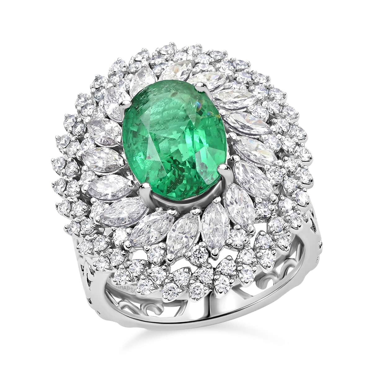 Chairman Vault Collection Certified & Appraised Rhapsody 950 Platinum AAAA Kagem Zambian Emerald and E-F VS Diamond Ring (Size 7.0) 15.80 Grams 5.45 ctw image number 0