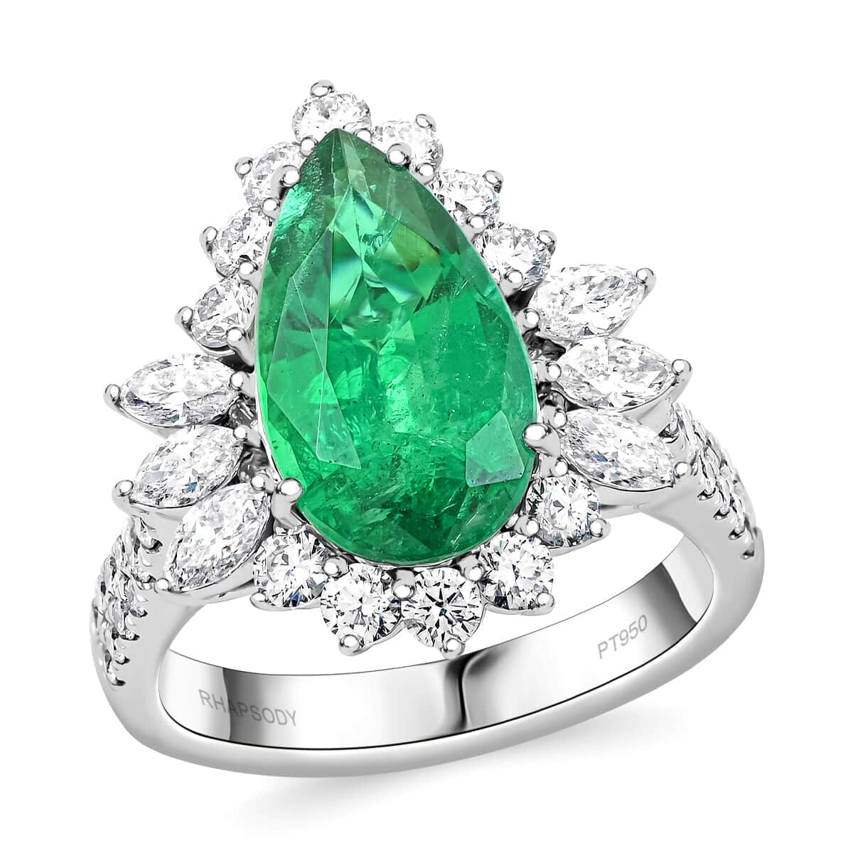 Chairman Vault Collection Certified & Appraised Rhapsody 950 Platinum AAAA Kegam Zambian Emerald and E-F VS Diamond Ring (Size 7.0) 10.41 Grams 5.26 ctw image number 0
