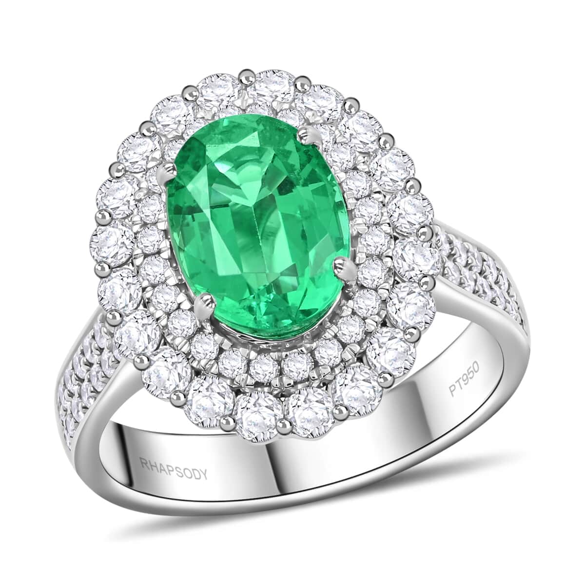 Chairman Vault Collection Certified & Appraised Rhapsody 950 Platinum AAAA Ethiopian Emerald and E-F VS Diamond Ring (Size 7.0) 10.35 Grams 3.75 ctw image number 0