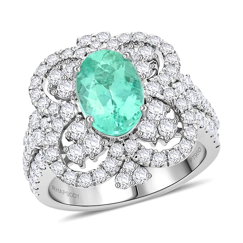 Certified & Appraised Chairman’s Signature Collection Rhapsody 950 Platinum AAAA Paraiba Tourmaline and E-F VS Diamond Ring (Size 7.0) 14.64 Grams 3.90 ctw