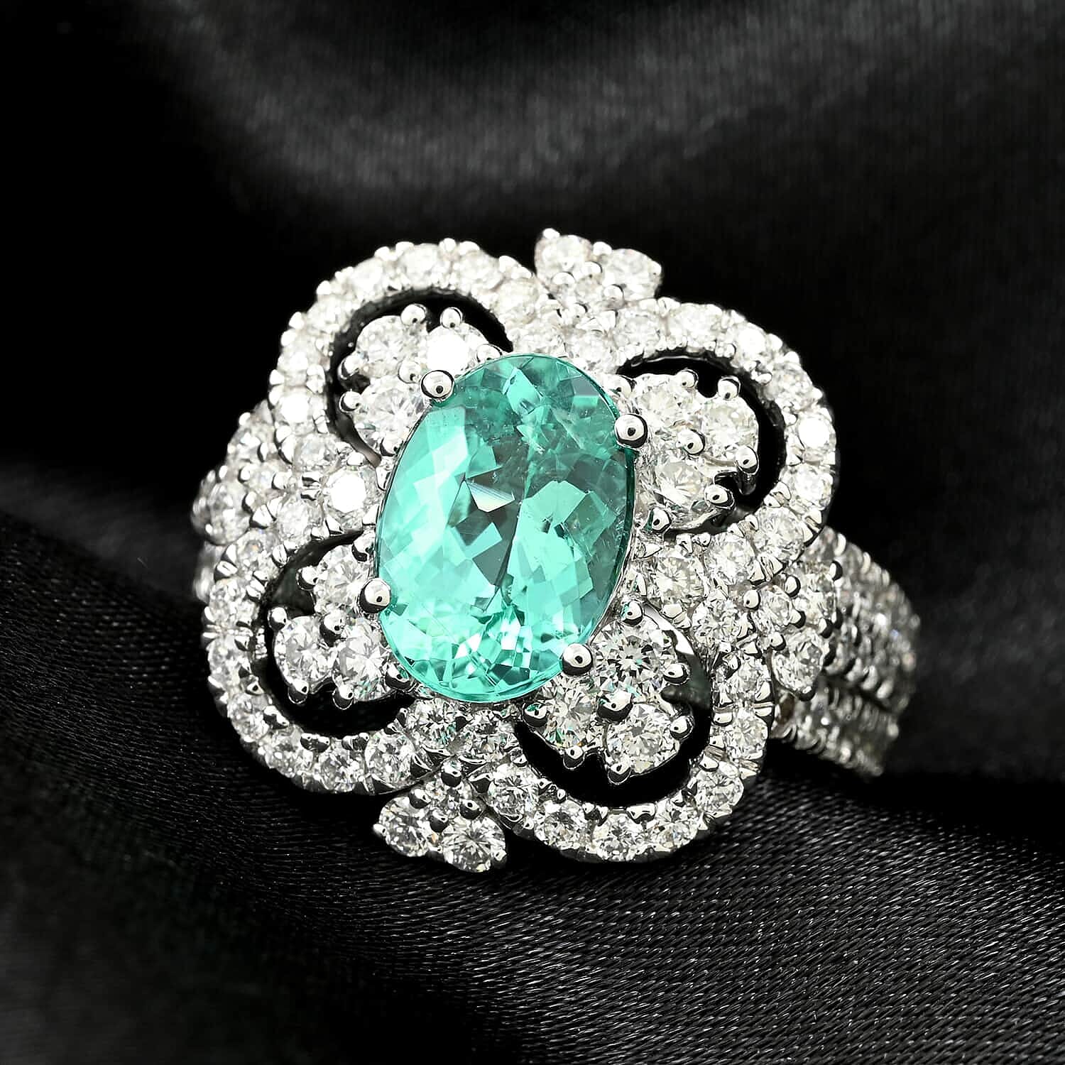 Certified & Appraised Chairman’s Signature Collection Rhapsody 950 Platinum AAAA Paraiba Tourmaline and E-F VS Diamond Ring (Size 7.0) 14.64 Grams 3.90 ctw