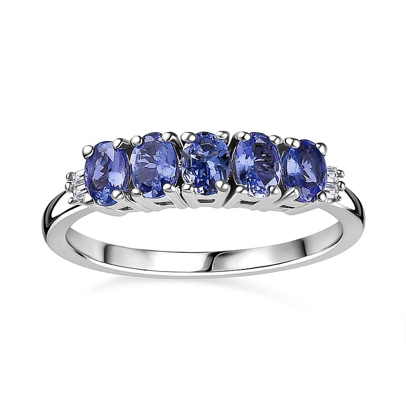 Tanzanite and Diamond 5 Stone Ring in Platinum Over Sterling Silver (Size 10.0) 1.00 ctw