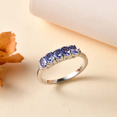 Tanzanite and Diamond 5 Stone Ring in Platinum Over Sterling Silver (Size 10.0) 1.00 ctw