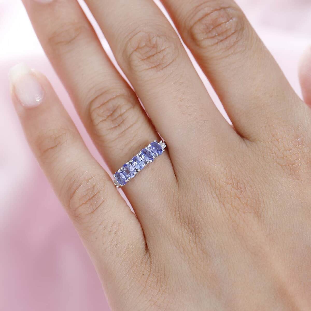 Tanzanite and Diamond 5 Stone Ring in Platinum Over Sterling Silver (Size 10.0) 1.00 ctw image number 2