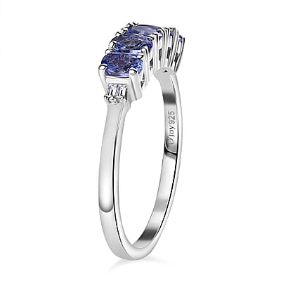 Tanzanite and Diamond 5 Stone Ring in Platinum Over Sterling Silver (Size 10.0) 1.00 ctw
