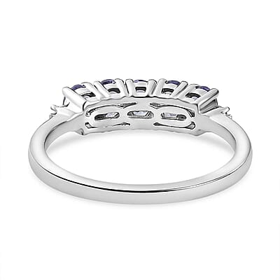 Tanzanite and Diamond 5 Stone Ring in Platinum Over Sterling Silver (Size 10.0) 1.00 ctw
