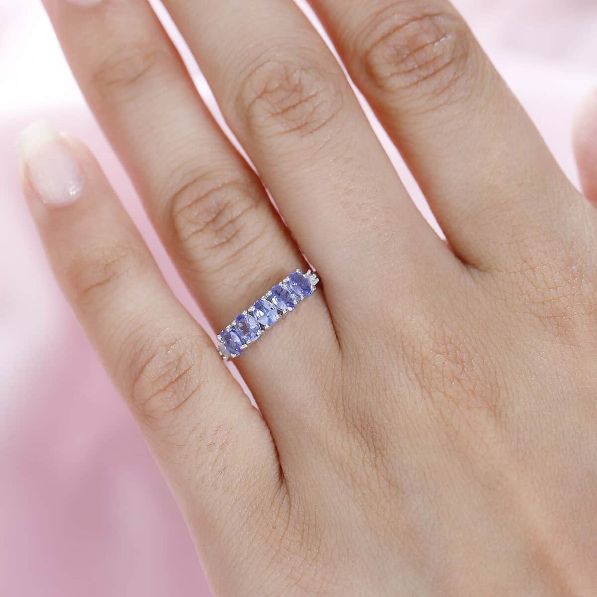 Tanzanite and Diamond 5 Stone Ring in Platinum Over Sterling Silver (Size 6.0) 1.00 ctw image number 2