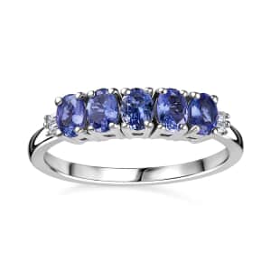 Tanzanite and Diamond 5 Stone Ring in Platinum Over Sterling Silver (Size 8.0) 1.00 ctw