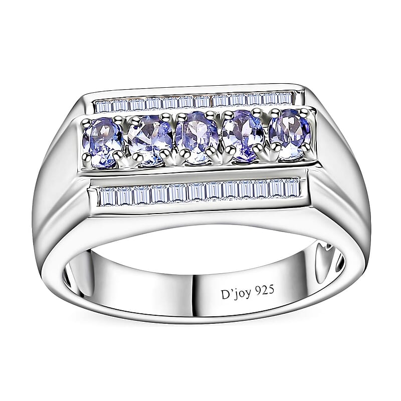 Tanzanite and White Topaz Men's Ring in Platinum Over Sterling Silver (Size 10.0) 1.25 ctw