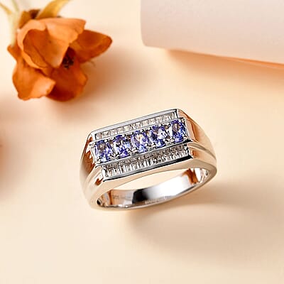 Tanzanite and White Topaz Men's Ring in Platinum Over Sterling Silver (Size 10.0) 1.25 ctw