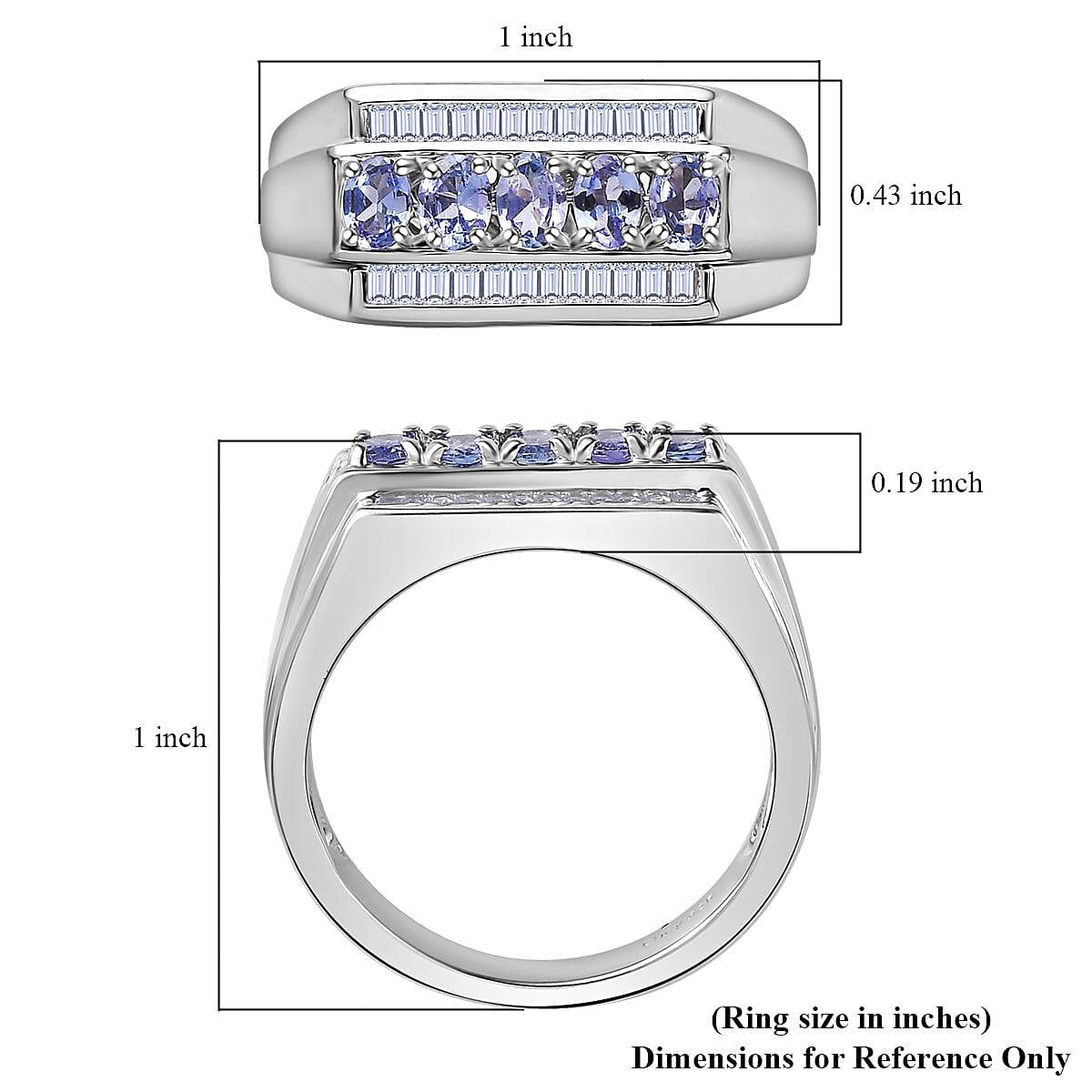 Tanzanite and White Topaz Men's Ring in Platinum Over Sterling Silver (Size 10.0) 1.25 ctw