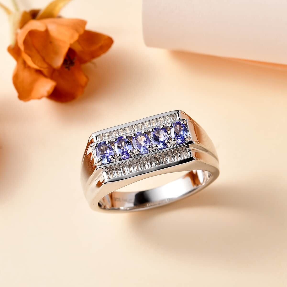 Tanzanite and White Topaz Men's Ring in Platinum Over Sterling Silver (Size 12.0) 1.25 ctw image number 1