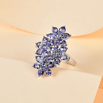 Tanzanite Floral Ring in Platinum Over Sterling Silver (Size 10.0) 4.00 ctw