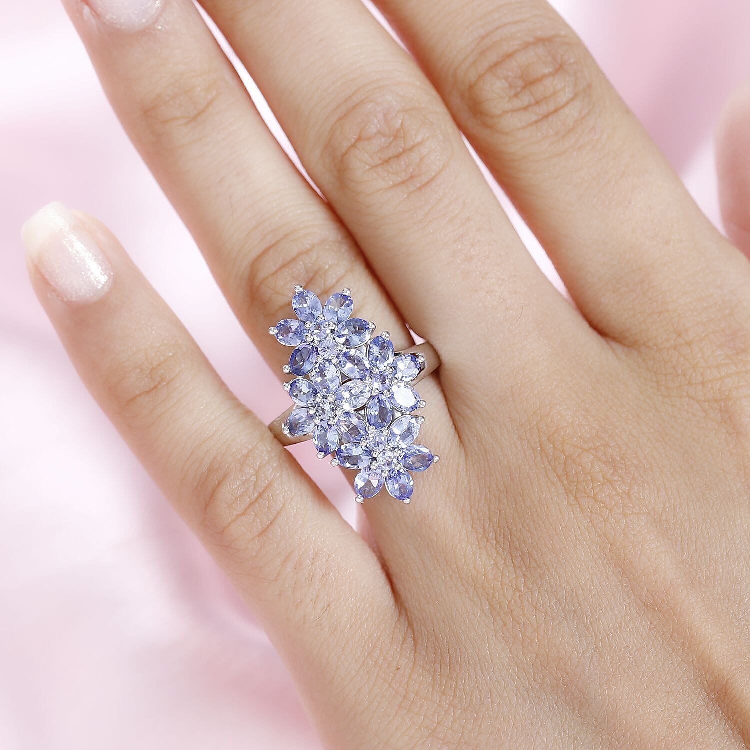 Tanzanite Floral Ring in Platinum Over Sterling Silver (Size 10.0) 4.00 ctw