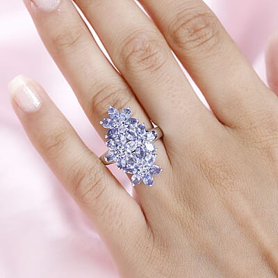 Tanzanite Floral Ring in Platinum Over Sterling Silver (Size 10.0) 4.00 ctw
