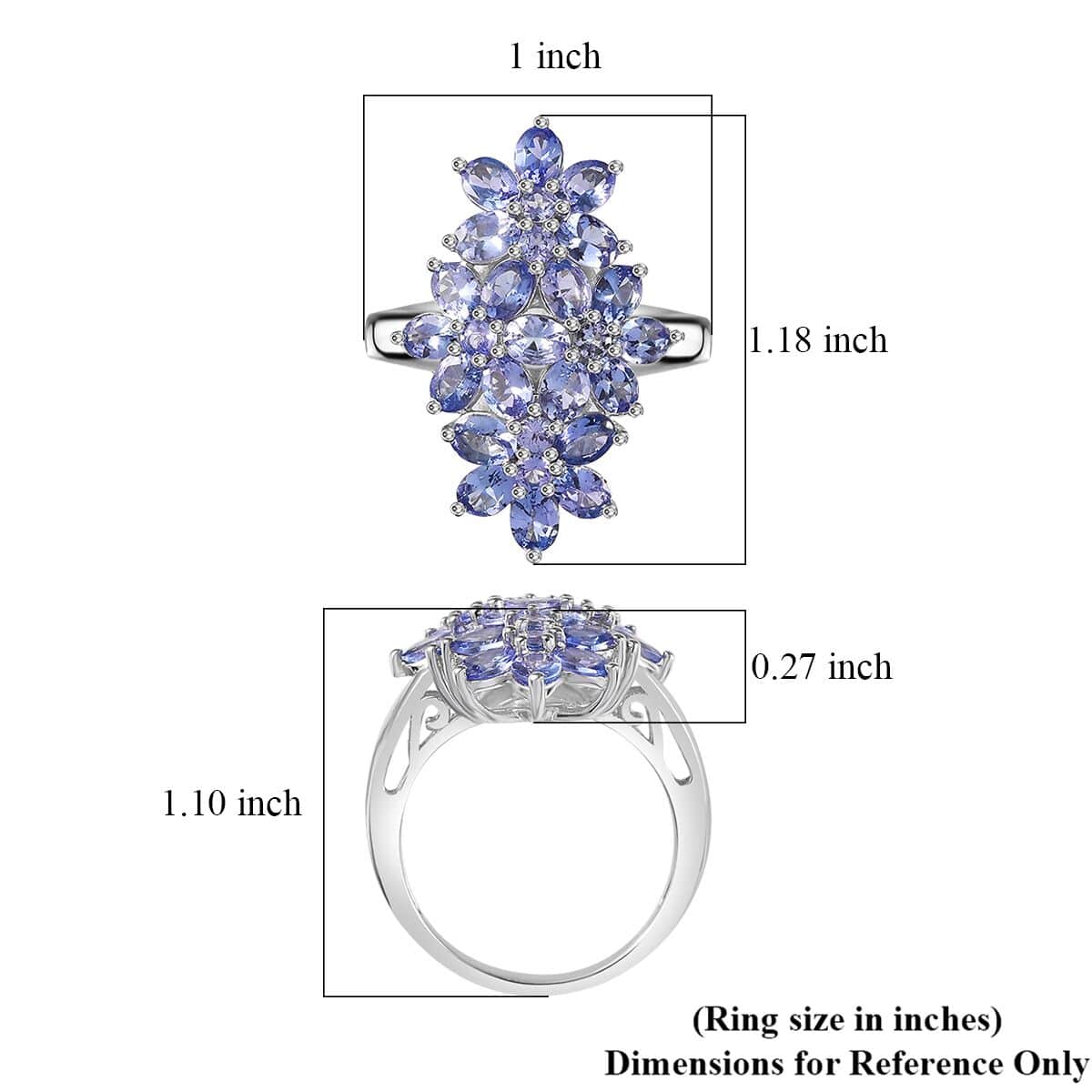 Tanzanite Floral Ring in Platinum Over Sterling Silver (Size 9.0) 4.00 ctw image number 5