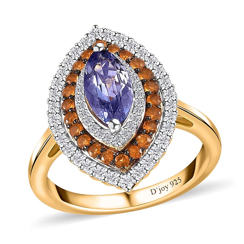 Tanzanite and Multi Gemstone Elongated Ring in Vermeil Yellow Gold Over Sterling Silver (Size 10.0) (Del. in 10-12 Days) 1.85 ctw