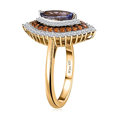 Tanzanite and Multi Gemstone Elongated Ring in Vermeil Yellow Gold Over Sterling Silver (Size 10.0) (Del. in 10-12 Days) 1.85 ctw