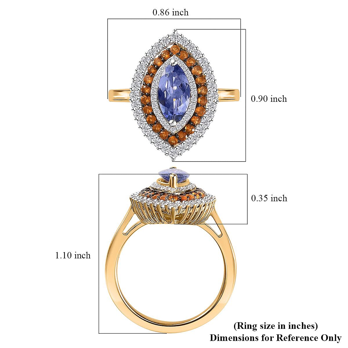 Tanzanite and Multi Gemstone Elongated Ring in Vermeil Yellow Gold Over Sterling Silver (Size 10.0) (Del. in 10-12 Days) 1.85 ctw
