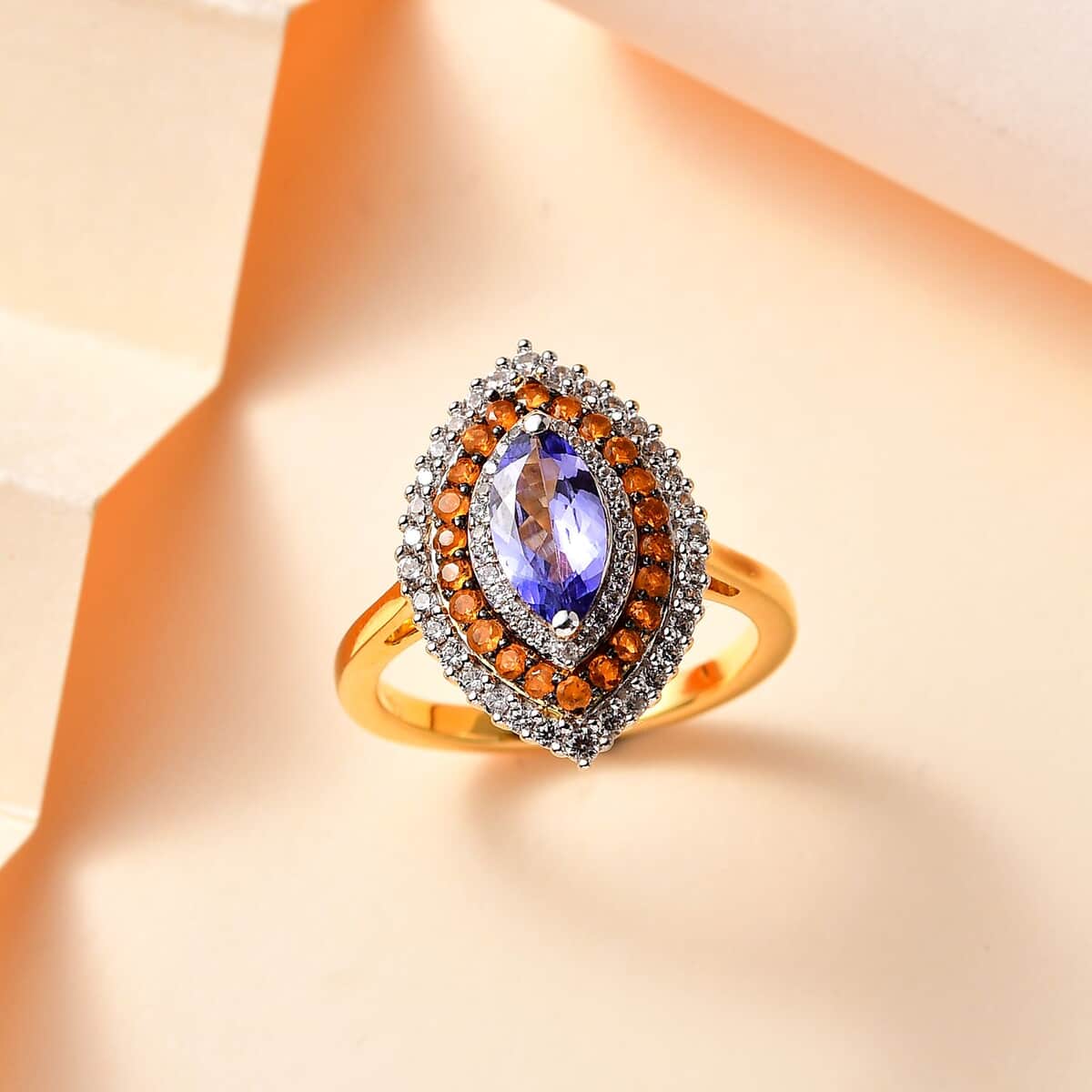 Tanzanite and Multi Gemstone Elongated Ring in Vermeil Yellow Gold Over Sterling Silver (Size 7.0) 1.85 ctw image number 1