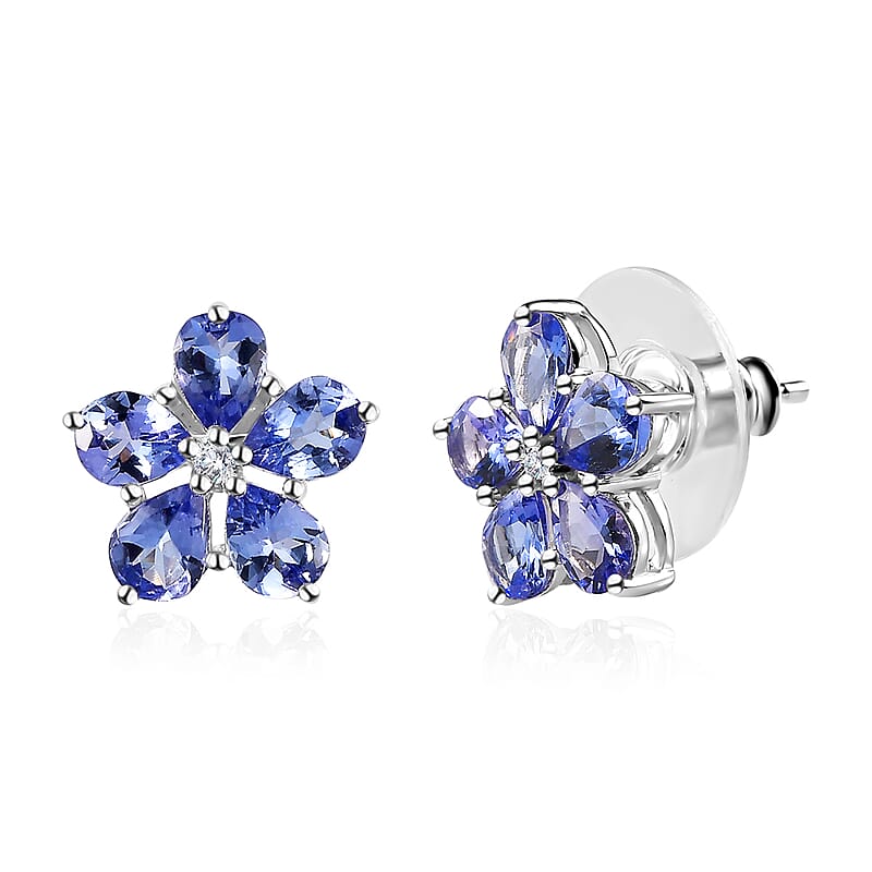 D'Joy Tanzanite and Diamond Floral Stud Earrings in Platinum Over Sterling Silver 2.90 ctw