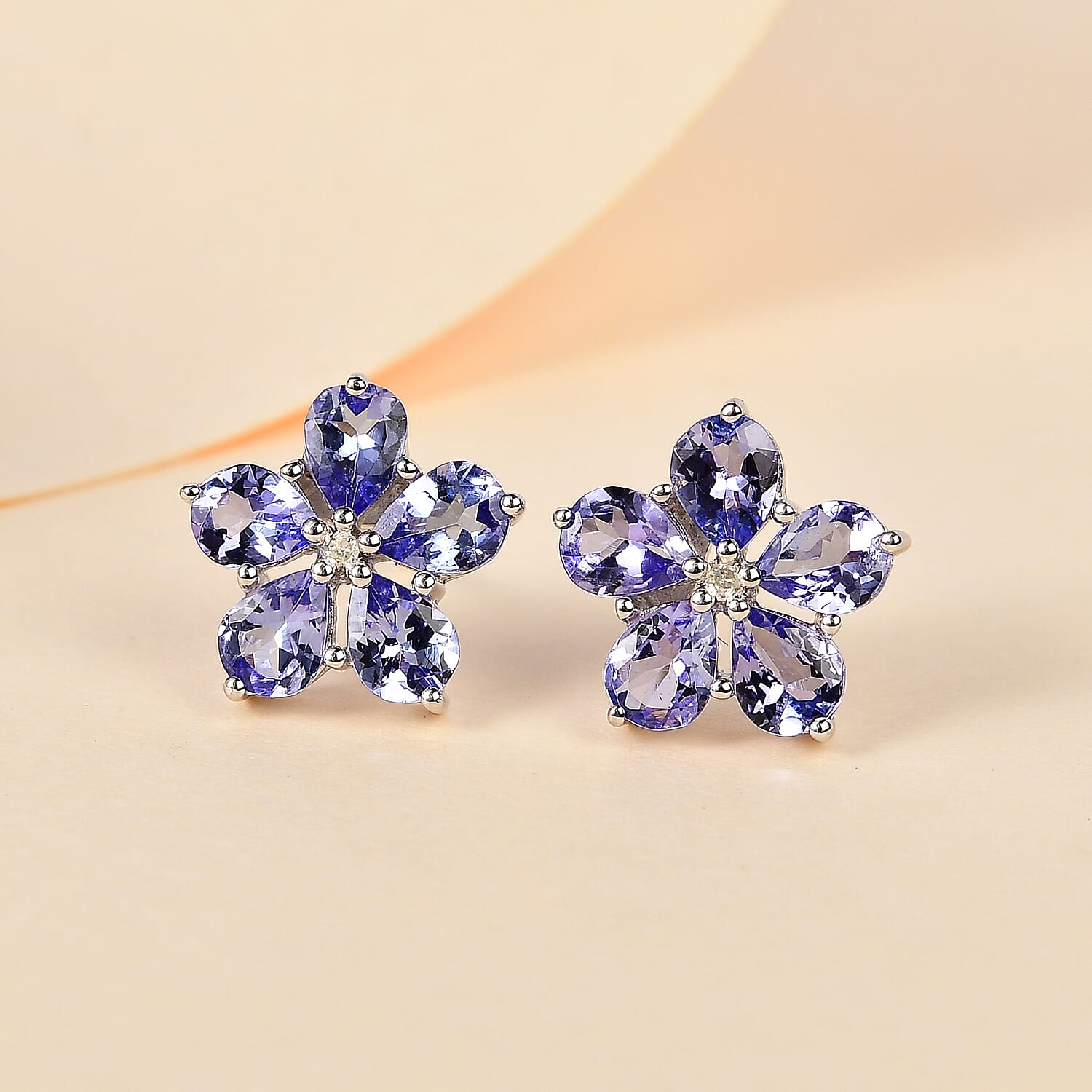 D'Joy Tanzanite and Diamond Floral Stud Earrings in Platinum Over Sterling Silver 2.90 ctw