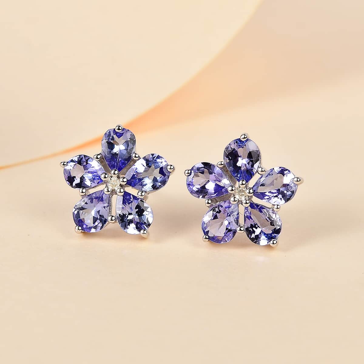 Tanzanite and Diamond Floral Stud Earrings in Platinum Over Sterling Silver 2.90 ctw image number 1