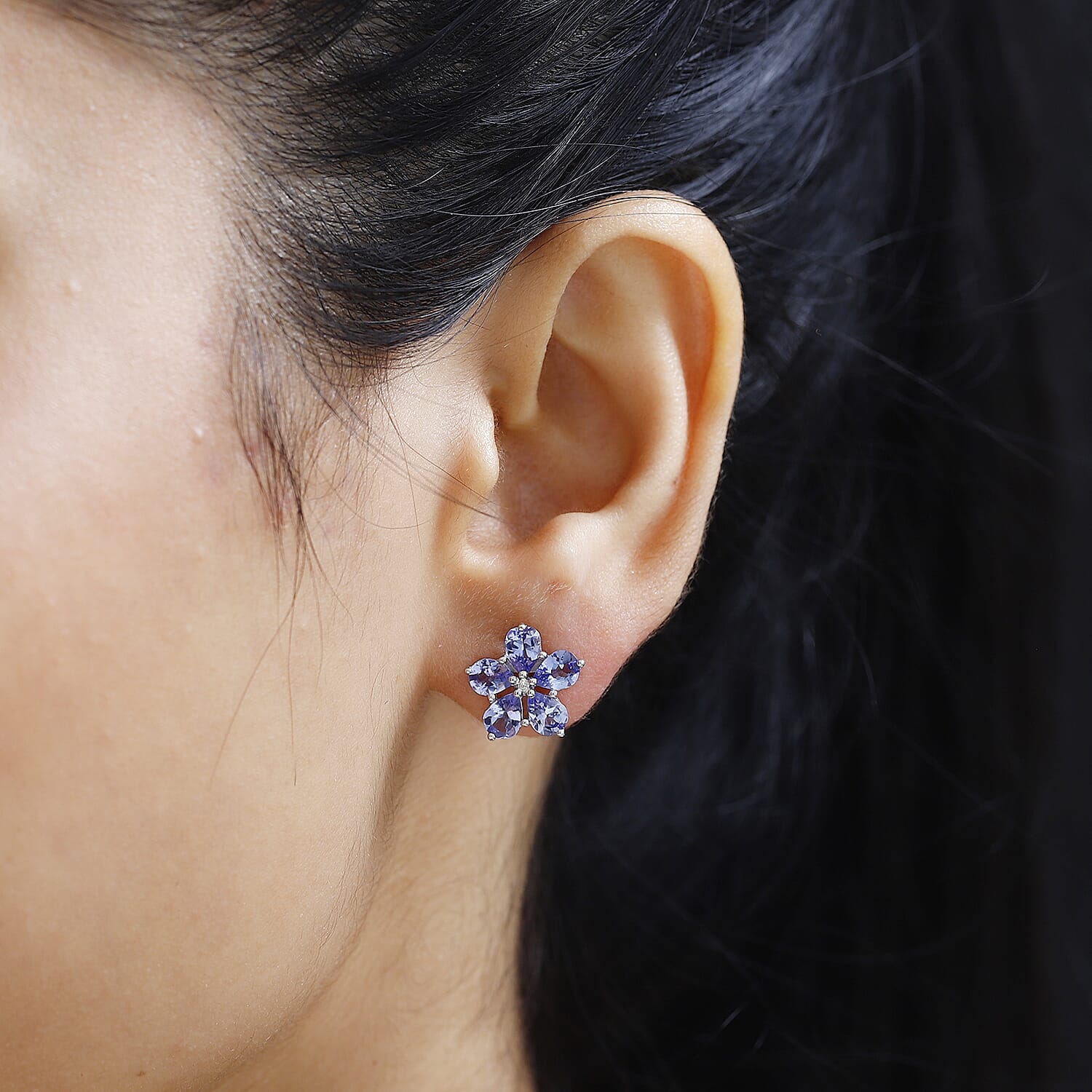 D'Joy Tanzanite and Diamond Floral Stud Earrings in Platinum Over Sterling Silver 2.90 ctw