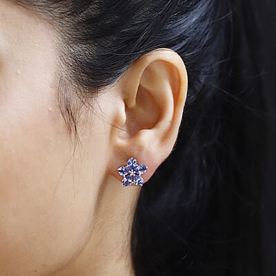 D'Joy Tanzanite and Diamond Floral Stud Earrings in Platinum Over Sterling Silver 2.90 ctw