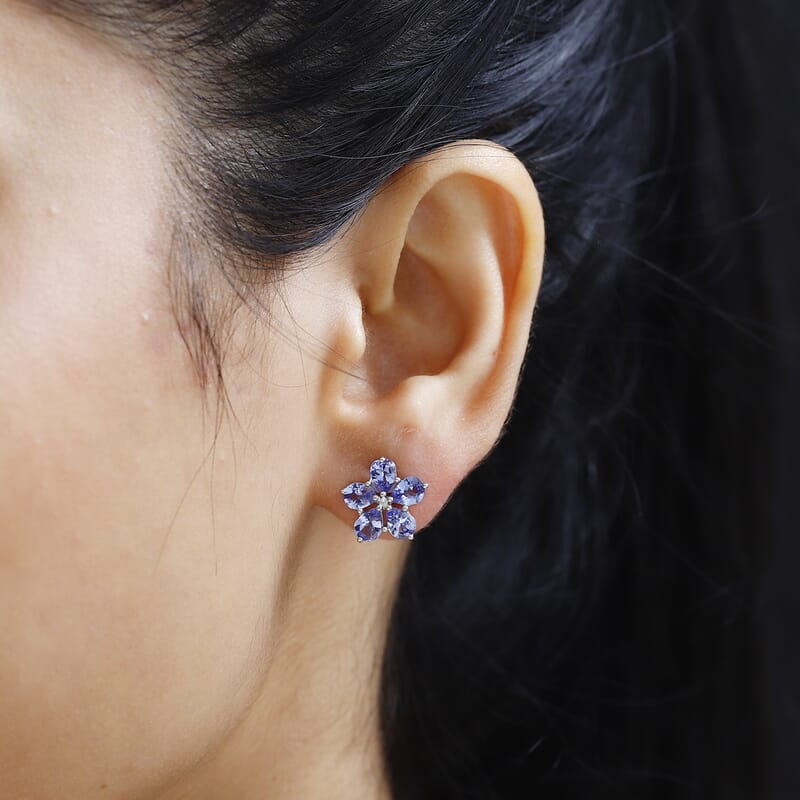 D'Joy Tanzanite and Diamond Floral Stud Earrings in Platinum Over Sterling Silver 2.90 ctw
