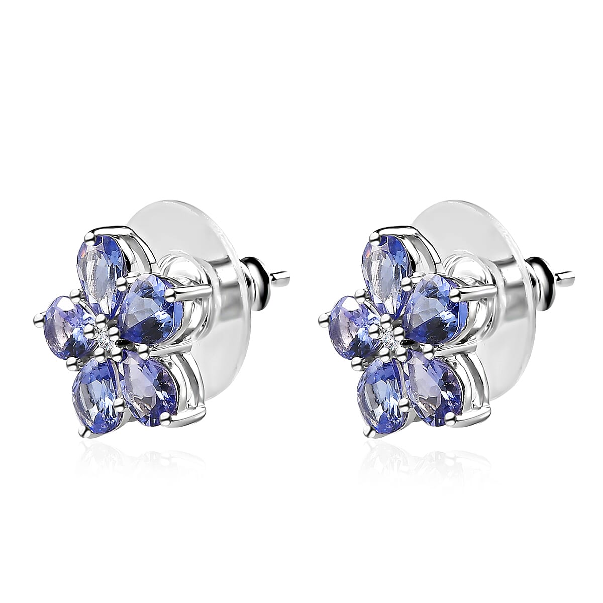 D'Joy Tanzanite and Diamond Floral Stud Earrings in Platinum Over Sterling Silver 2.90 ctw