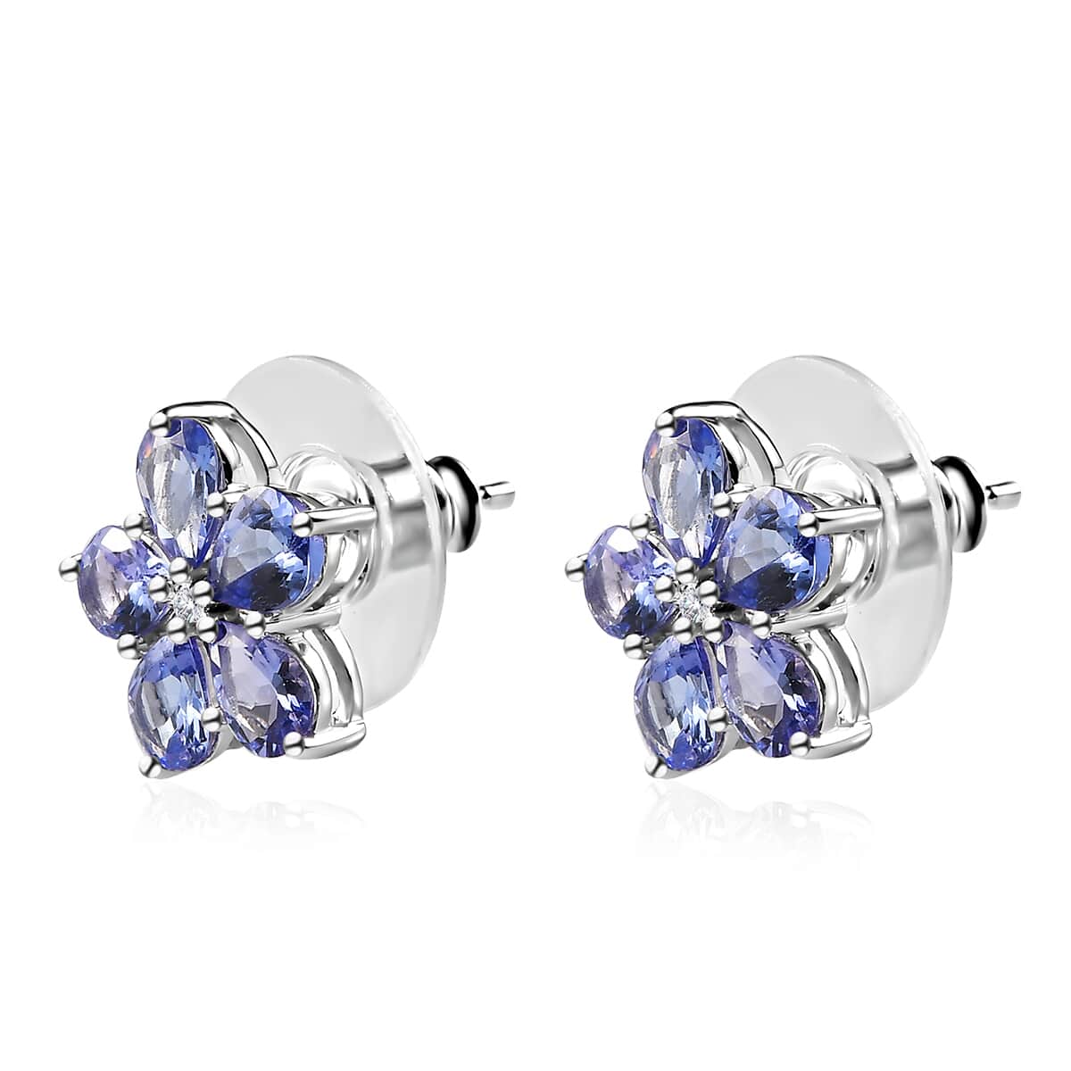 Tanzanite and Diamond Floral Stud Earrings in Platinum Over Sterling Silver 2.90 ctw image number 3